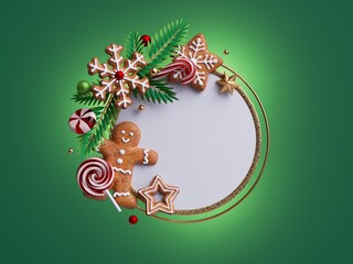 Obraz na płótnie Canvas 3d render, Christmas greeting card mockup. Round frame with copy space, decorated with festive ornaments, gingerbread man, cookies, caramel candy cane, fir tree twigs; isolated on green background