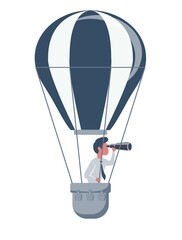 Successful businessman with spyglass in hot air balloon searching for new business opportunity. Shades of gray.