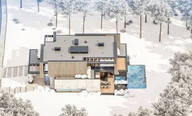 3d rendering of modern cozy house with parking and pool for sale or rent with wood plank facade and beautiful landscaping on background. Cool winter day with shiny white snow.