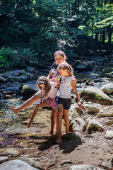 Happy Family Summer Nature Adventure Walking By The Creek, Hiking, People, Mountain Stream In The Forest