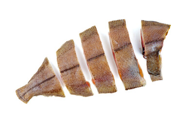 Sliced fresh flatfish on a white background