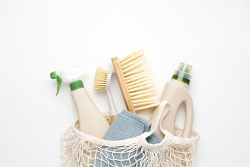 Eco brushes, sponges and rag on white background. Flat lay eco cleaning products. Cleaner concept 