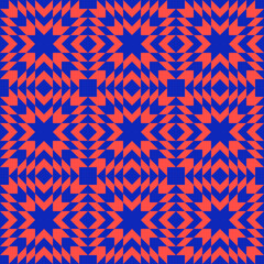 Abstract vector geometric checkered pattern. Seamless texture with star shapes, squares, triangles, tiles. Optical illusion effect. Simple psychedelic background in vibrant colors, neon blue and red