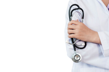 Doctor standing with arms folded inside hand holding stethoscope on white background, healthcare...