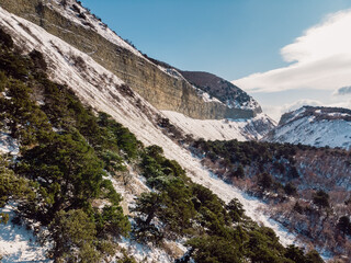 Fototapeta na wymiar Canyon with snow and evergreen trees in winter. Aerial view of canyon with sunlight