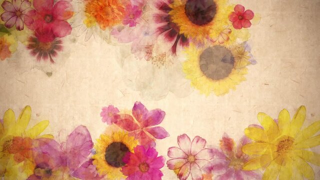 描かれる花_横移動ループ_和紙のテクスチャ