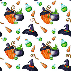 Halloween seamless patter with watercolor witch hat, potion, poison and pumpkins - 383043419