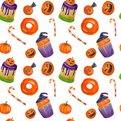 Halloween seamless paper with watercolor halloween sweets and cakes - 383043438