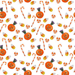 Halloween seamless paper with watercolor halloween sweets and cakes - 383043467