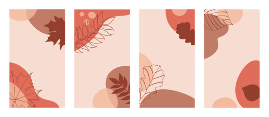 Four vertical backgrounds with autumn leaves in a hand drawn linear style on colorful abstract background.