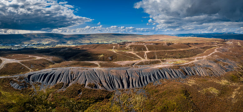 Aerial view of coal slag waste in Brecon Beacons, Bleanavon, Wales UK