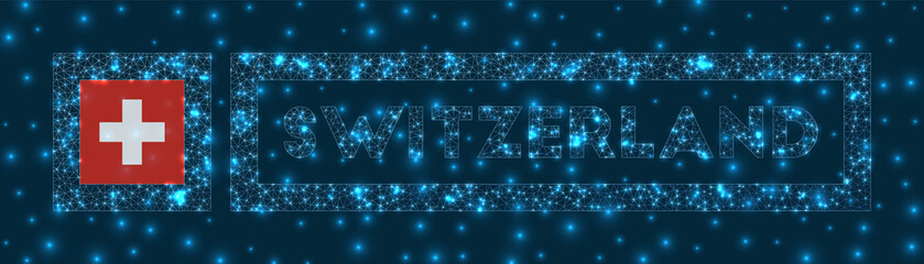 Fototapeta premium Switzerland badge. Flag of Switzerland in glowing network geometric style. Radiant vector illustration.