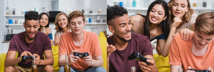 Fototapeta premium KYIV, UKRAINE - JULY 28, 2020: collage of multiethnic friends playing video game during party, horizontal image