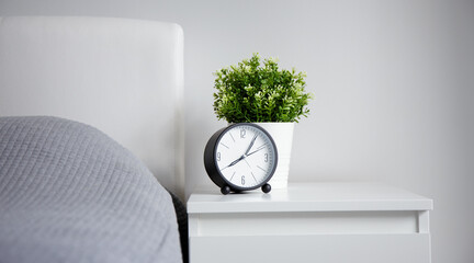 good morning concept - alarm clock and houseplant on bedside table