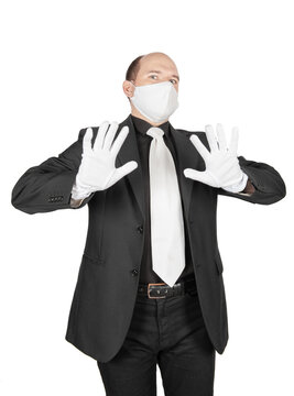 Surprised or scared business man with surgical medical virus protection mask and gloves isolated.