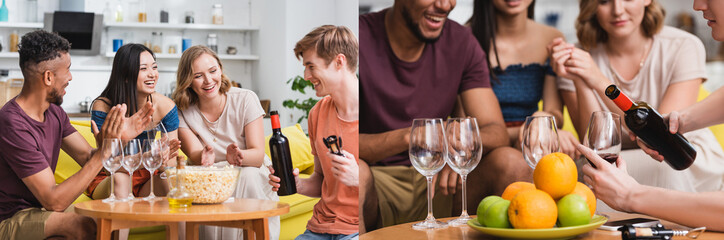 collage of young man pouring red wine near excited multicultural friends, panoramic crop