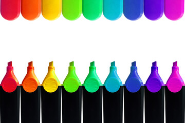 Colorful marker pen with colorful pen cap as boarder or frame on white background.