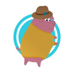 Illustration of Pig Standing Wearing a Hat and Smiling Cartoon, Cute Funny Character, Flat Design