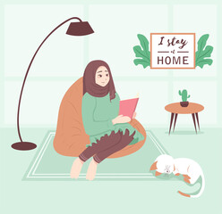 Stay home background. Quarantine or self-isolation. Arab girl in hijab with book. Health care concept