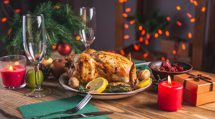 Crispy baked chicken with rosemary and berries on a wooden table. Traditional Christmas dish for a festive dinner