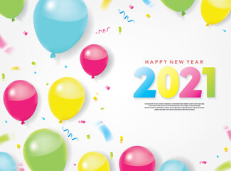 Colorful 2021 Happy New Year Greeting with Balloons and Scattered Conffetis. Vector Illustration. Design element for flyers, leaflets, postcards and posters.