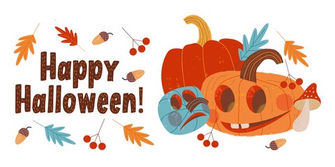 Happy Halloween. Vector holiday illustration with scary pumpkins.
