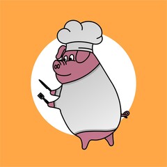 Illustration of Pig Standing Wearing a Chef's Hat Carrying a Knife and Spatula  Cartoon, Cute Funny Character, Flat Design