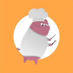 Illustration of Pig Standing Wearing a Chef's Hat Carrying a Knife and Spatula  Cartoon, Cute Funny Character, Flat Design