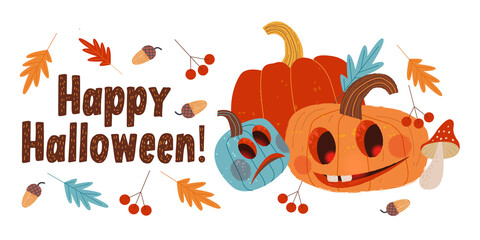 Happy Halloween. Vector holiday illustration with scary pumpkins.