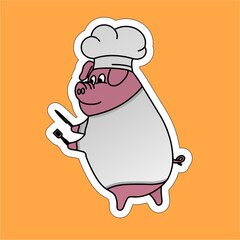 Sticker of Pig Standing Wearing a Chef's Hat Carrying a Knife and Spatula  Cartoon, Cute Funny Character, Flat Design