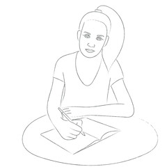 Sketch portrait of a girl who sits at a table and makes notes in a notebook