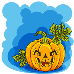 Cute orange pumpkins monster with a carved horrible smile. Happy Halloween vector illustration in a cartoon style for your design for the holiday. The main symbol the Halloween holiday.