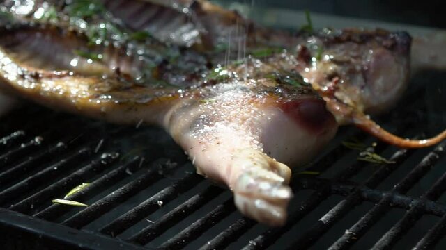 Slow motion of Chef put salt to pork on a barbecue grill. Close up of whole pig cooked grilled meat in BBQ of garden home at holiday vacations. Man cooking a piglet on spit in Spain.-Dan