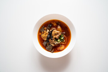 Nam Ngiao Rice Noodle, Traditional spicy rice noodle soup with Spicy Pork Sauce from Northern of Thailand