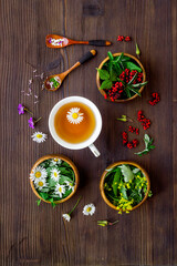 Layout of herbal tea with fresh summer herbs and wild flowers
