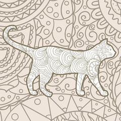Square intricate background. Hand drawn pattern with cat. Design for spiritual relaxation for adults