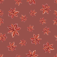 watercolor seamless pattern cinnamon stick, star anise