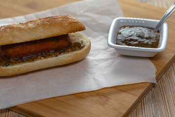 Choripan sandwich with chorizo popular in Argentina, Uruguay, Chile and southern Brazil