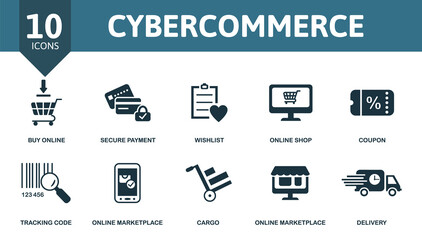 Cybercommerce icon set. Collection contain coupon, wishlist, online shop, secure payment and over icons. Cybercommerce elements set