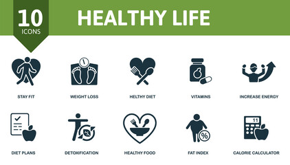 Healthy Lifes icon set. Collection contain vitamins, weight loss, increase energy, healthy diet and over icons. Healthy Lifes elements set