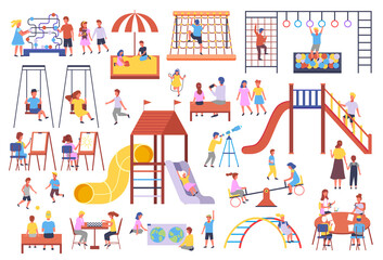 Childrens activities. Kids playing at playground, with ball, jumping rope, gymnastics, sandbox logic games. Kindergarten kids carousel, up-and-down, slide, board games, swing. Collection of cartoon