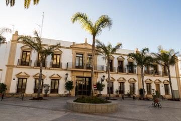 Fototapeta na wymiar Chipiona, Spain. The Ayuntamiento (City Hall) of the town of Chipiona, with the emblem