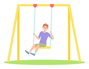 Smiling boy in purple T-shirt, green shorts is swinging on yellow swing, green lawn, playground. The child is actively resting in nature. Happy childhood. Cartoon vector image isolated on white