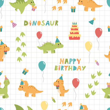Childish funny seamless pattern with dinosaurs on grid. Birthday theme. Cute cartoon vector characters.