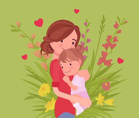 Mom and baby daughter, female health in happy family. Mother hugging child, emotional bonds, love, motherhood beauty in good relationships. Vector flat style cartoon illustration, floral spring design