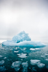 A wide low angle view of melting sea ice floes in still waters of Northern Arctic with iceberg in...