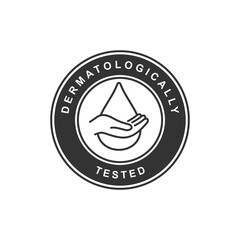 Dermatology tested vector icon label with water drop, hand with water logo. Dermatology test and dermatologist clinic icon, business concept allergy free and healthy safe product package tag