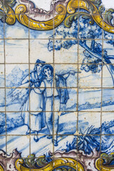 azulejos panels representing scenes from the countryside on the walls of the Sao Mamede de Infesta train station near Porto, Portugal