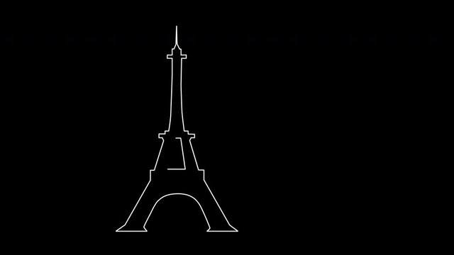 Self drawing animation of schematic Eiffel tower outline. Paris, France symbol. Line art. White background. Copy space.