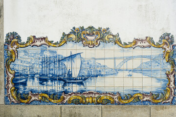 azulejos panels representing  boat on the Douro river on the Sao Mamede de Infesta train station near Porto, Portugal
